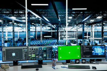 Deep learning software running on green screen mockup PCs in data center with operational server racks. Chroma key isolated screen computers using artificial intelligence tech in server hub