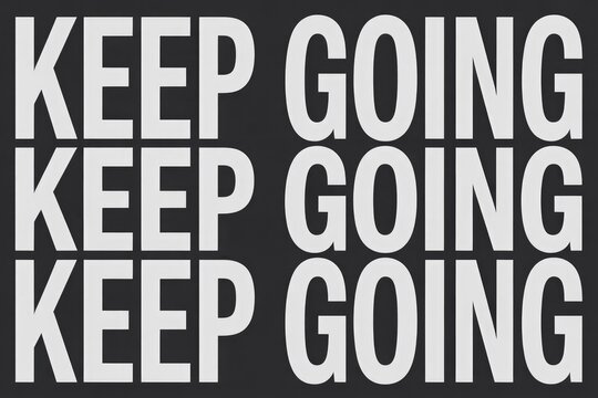 A motivational image displaying the phrase "KEEP GOING" repeated three times in bold white letters on a dark background, encouraging perseverance.