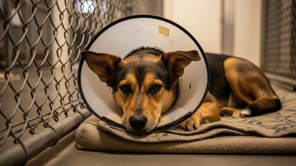 Dog resting on blanket in animal shelter wearing a cone collar  