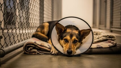 Dog wearing cone resting on blanket in animal shelter  