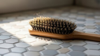 Hairbrush on hexagon tile surface illuminated by sunlight  