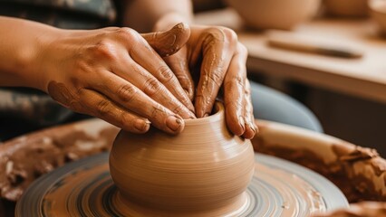 Hands shaping pottery on a wheel in a ceramic studio environment