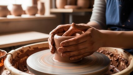 Woman shaping clay pot on pottery wheel in sunlit studio  