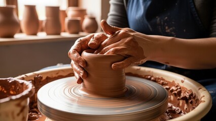 Woman shaping clay pot on pottery wheel in artisan workshop  