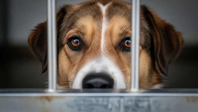 Dog looking through bars in an animal shelter with hopeful eyes  