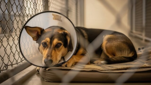 Dog resting on a bed with a cone collar in an animal shelter  