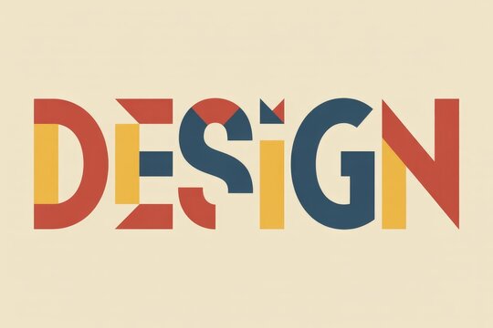 A vibrant, geometric typography spells 'DESIGN' using red, yellow, and blue shapes on a cream background, showcasing a modern, abstract style. - Powered by Adobe