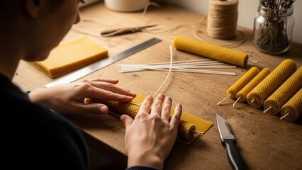 Young person making handmade beeswax candles on wooden table