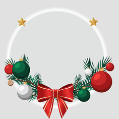 Festive Christmas wreath with ornaments, bow, and stars on a gray background