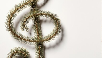Green Pine Branch Shaped as a Treble Clef on White Background.