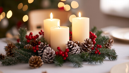 A table centerpiece with candles, holly, and pine cones.