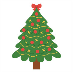 Lush Christmas tree decorated with red ornaments, yellow ribbons, stars. Bright, festive illustration for card, banner, kids, seasonal, holiday designs. Flat vector. Hand drawn. Isolated background.