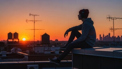 Young man sitting on rooftop enjoying sunset view over city  