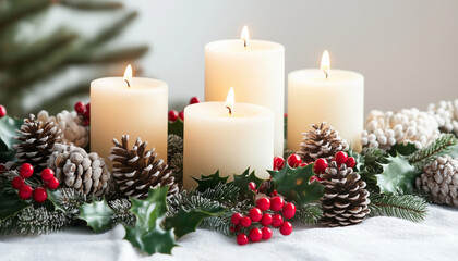 A table centerpiece with candles, holly, and pine cones.