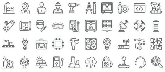 Engineering and industrial manufacturing line icon set featuring technology automation construction and mechanical tools vector collection