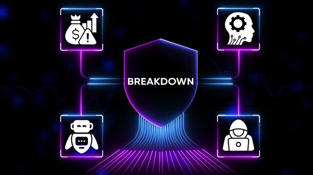 Digital breakdown concept with financial risk artificial intelligence cybersecurity and automation icons on a futuristic neon network background
