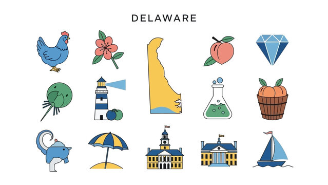 A vibrant collection of cartoon vector icons highlighting the diverse symbols and popular landmarks of the U.S. state of Delaware, perfect for travel guides and educational content