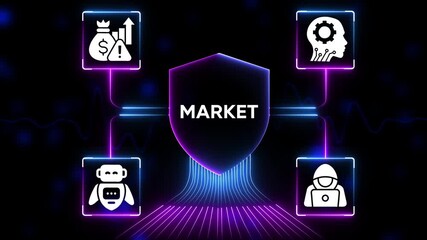Digital market shield with financial growth icons artificial intelligence robot and hacker symbols glowing neon lines connecting to central market emblem dark background futuristic technology