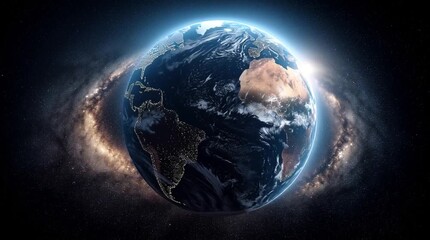 Earth view from space with visible continents and a galaxy background glow