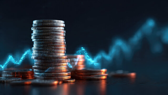 Stacked coins against a dark background with a dynamic blue financial growth chart, symbolizing investment, digital economy, and increasing wealth.