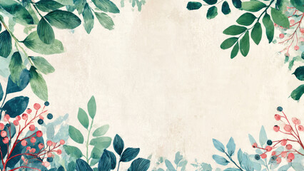 A delicate watercolor botanical frame featuring green, blue, and teal leaves with vibrant red berries on a warm, textured background.