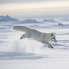 Naklejka premium Arctic Fox Leaping Through Snow Covered Landscape in Winter.