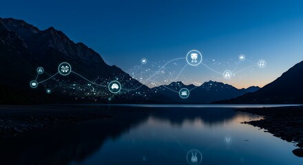 Connectivity Network over Mountain Lake at Twilight