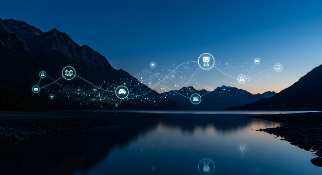 Connectivity Network over Mountain Lake at Twilight