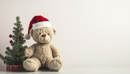 Fototapeta premium A teddy bear wearing a Santa hat sitting next to a small Christmas tree.