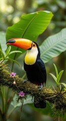 Fototapeta premium Vibrant Toucan Perched on Mossy Branch in Lush Rainforest.