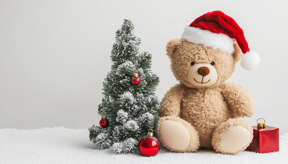 A teddy bear wearing a Santa hat sitting next to a small Christmas tree.