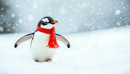 Fototapeta premium A penguin wearing a tiny red scarf sliding down a snowy hill.