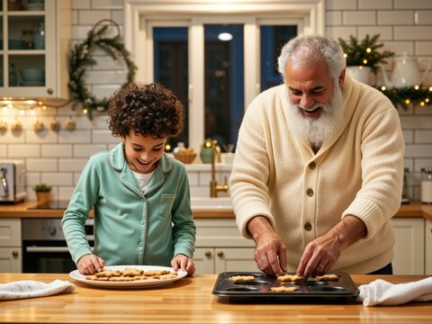 Grandfather and grandson baking christmas cookies in kitchen