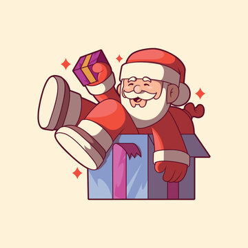 Cute Santa Claus Smiling Inside Giant Gift Box Christmas Illustration. Holidays design concept.