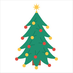 Simple Christmas tree with colorful round ornaments and a golden star. Bright and cheerful winter illustration for card, banner, kids, seasonal, holiday designs. Flat vector. Hand drawn. Isolated.
