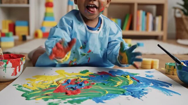 Happy toddler creating colorful finger painting on a large sheet
