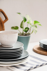 Cup, plates and houseplant on table against white background. Closeup