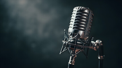 Vintage microphone on a stand with dramatic lighting creating a moody atmosphere
