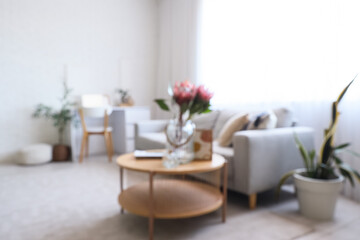 Blurred view of living room with sofa, workplace and protea flowers in vase