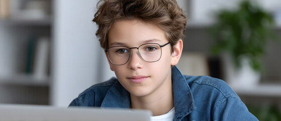 Young boy with glasses focused on laptop in modern workspace with books in background