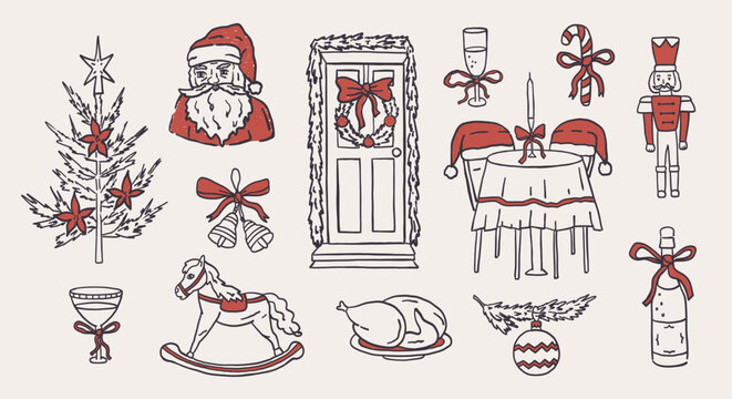 Christmas hand drawn whimsial sketch elements with Santa, holiday table and nutcracker character. Vintage illustration in black and red color