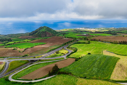 Picturesque Sao Miguel Island Azores, Landscape Lush Green Fields and green craters. Aerial view