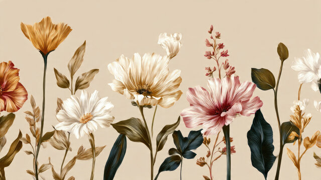 Digital art showcasing stylized flowers and leaves. Warm gold, pink, cream hues on a light neutral background form elegant botanical border.