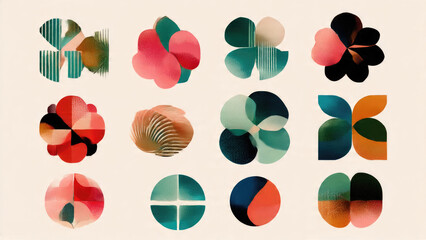 Twelve abstract, colorful geometric shapes with a grainy texture on a cream background, showcasing modern graphic design patterns.