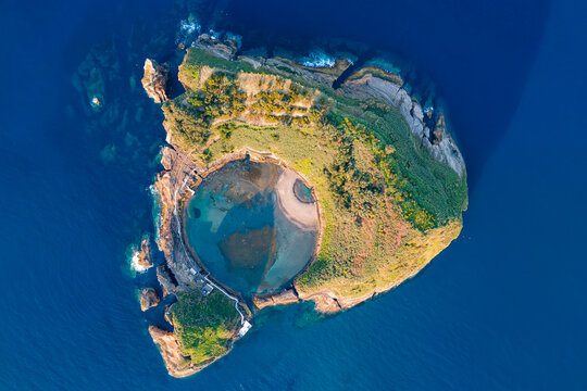 Aerial view of Vila Franca do Campo Islet, crater lagoon of a submerged volcano, Sao Miguel Island, Azores Archipelag, Portugal