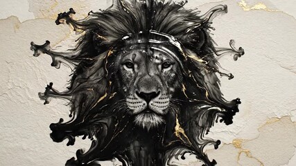 Elegant Monochrome Lion Head Illustration with Artistic Gold Splatter on White Textured Background