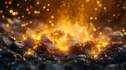 Naklejka premium Close-up of vibrant golden sparks and glowing embers illuminating dark rough ground with ethereal bokeh light.