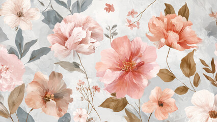 An elegant watercolor floral pattern features delicate blush, peach, and pink flowers with muted grey and brown leaves on a soft, textured background.