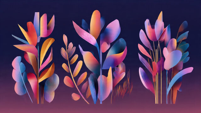 Abstract digital art depicting vibrant, stylized botanical forms with gradient colors, creating a modern ethereal visual against a dark backdrop.