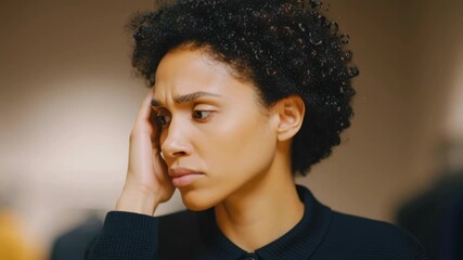 Concerned woman thinking person female portrait closeup curly hair worried expression hand face indoor soft light sweater, thoughtful woman with pensive expression casual indoor setting calm mood - Powered by Adobe